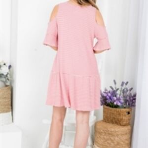 RED THERMAL STRIPE COLD SHOULDER TIERED KNIT DRES